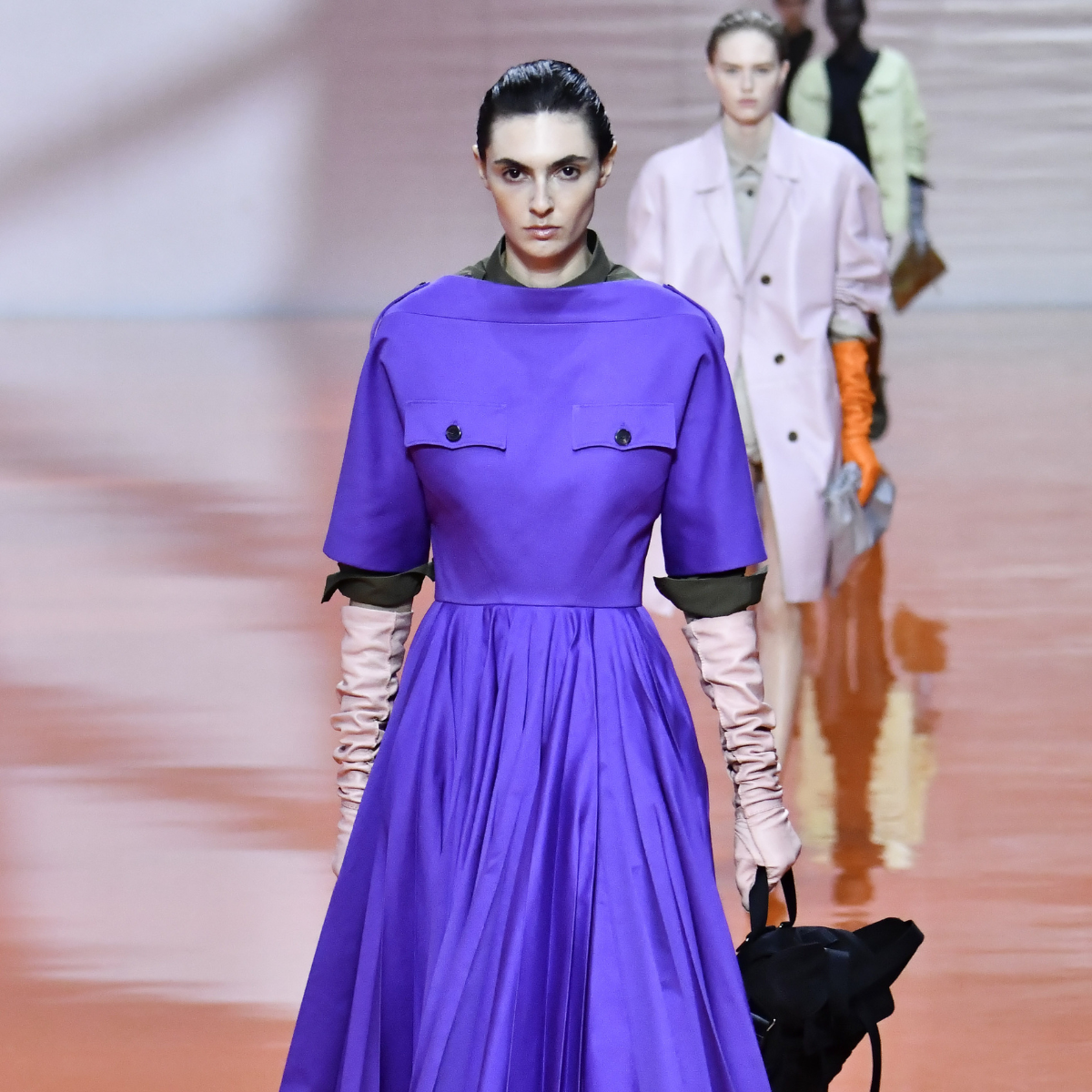 A model walks the runway during the Prada Ready to Wear Spring/Summer 2026 fashion show as part of the Milan Fashion Week
