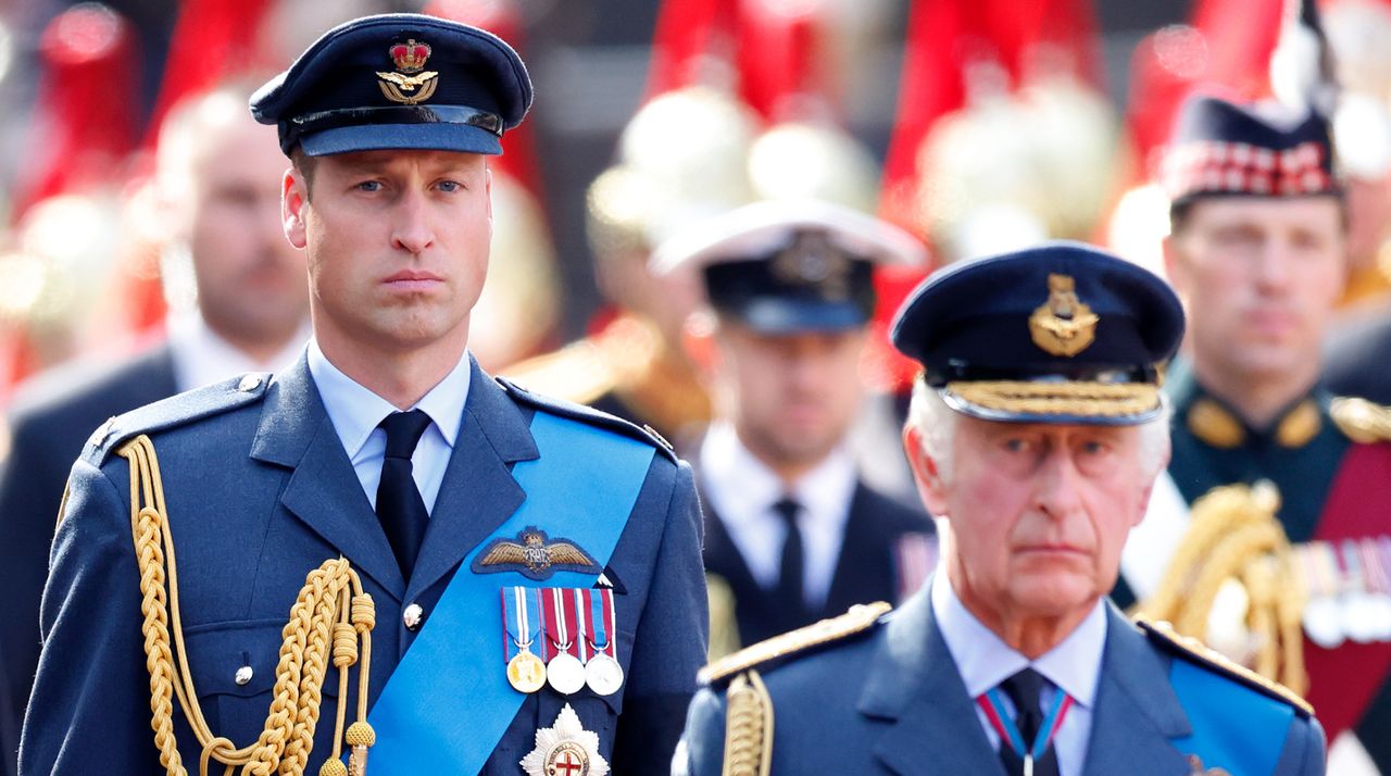 Prince William, Prince of Wales and King Charles III walk behind Queen Elizabeth II&#039;s coffin as it is transported on a gun carriage from Buckingham Palace to The Palace of Westminster ahead of her Lying-in-State on September 14, 2022 in London, United Kingdom.