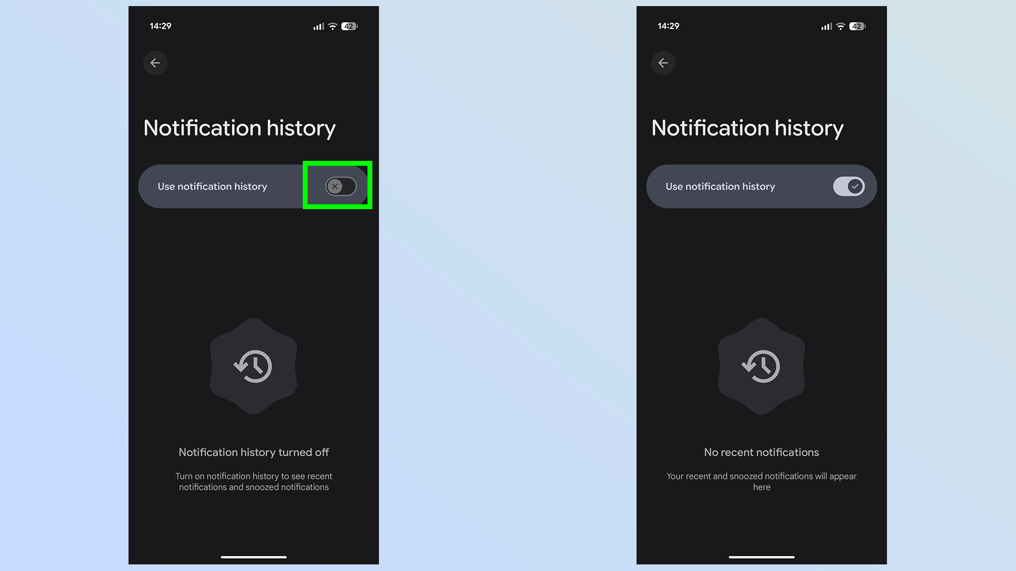 how to turn on notification history in Android