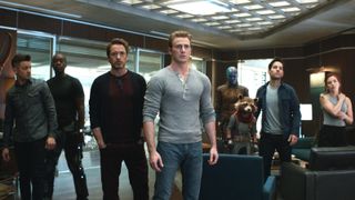 Some of the Avengers standing in a room without their costumes on in Marvel's Avengers: Endgame movie