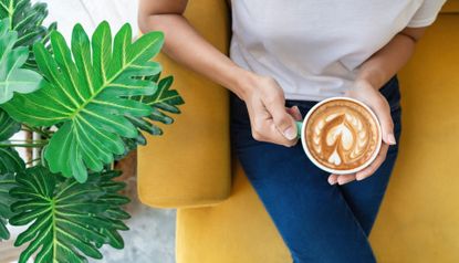 njoying fresh coffee. Top view of beautiful young woman holding cup while relaxing on sofa at home - stock photo