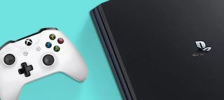 White xbox controller and black Playstation 4 Pro console on cyan background