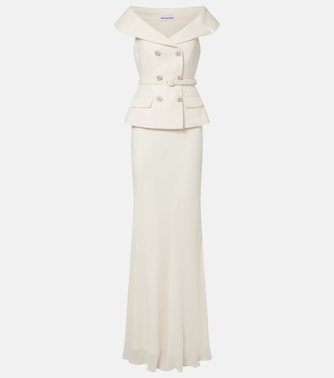 Boucl&amp;eacute; Peplum and Georgette Gown in White - Self Portrait