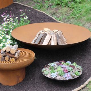 Shallow bowl with collection of succulents beside two firepits