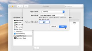 Setting a custom Mac keyboard shortcut in System Preferences.