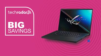 Asus ROG Zephyrus G16 gaming laptop in eclipse gray on magenta background with big savings sign