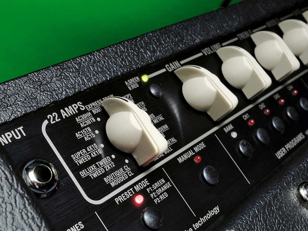 The expanded range of amp models is dealt with by including a seperate red/green button alongside the rotary knob