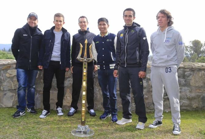 Cadel Evans, Michal Kwiatkowski, Richie Porte, Nairo Quintana, Alberto Contador and Rigoberto Uran pose for the cameras ahead of Tirreno-Adriatico.