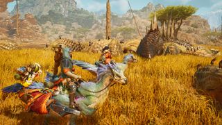 Monster Hunter Wilds Seikret bird mount walking in plains