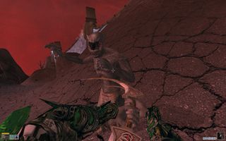 A scene from The Elder Scrolls: Morrowind, where the player character is fighting a monster.