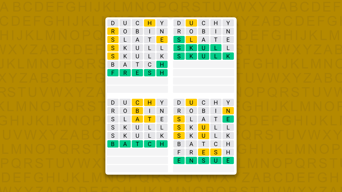 Quordle answers for game 1716 on a yellow background