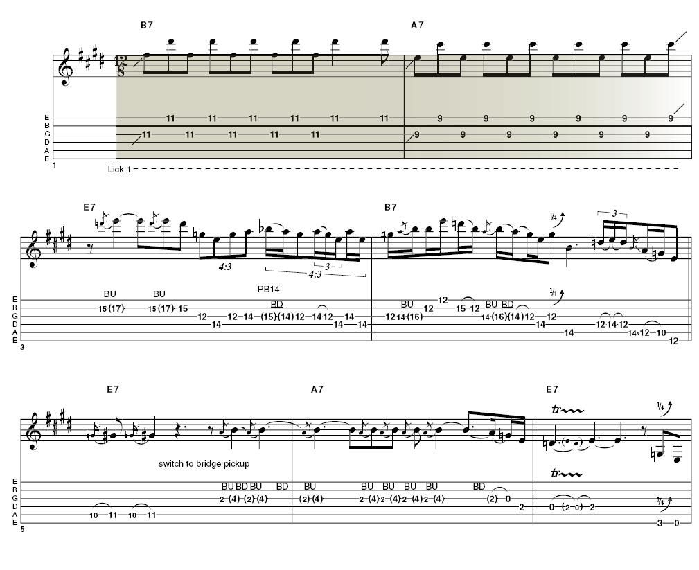 Lick 1: Here we follow the descending intro chords (essentially the four-bar turnaround of the verse) with 6ths. To sound anything like Hendrix, make sure you wobble the third and first strings quite stridently throughout - hold your hand firm and apply vibrato simultaneously to both. If you like, use the whammy bar instead.