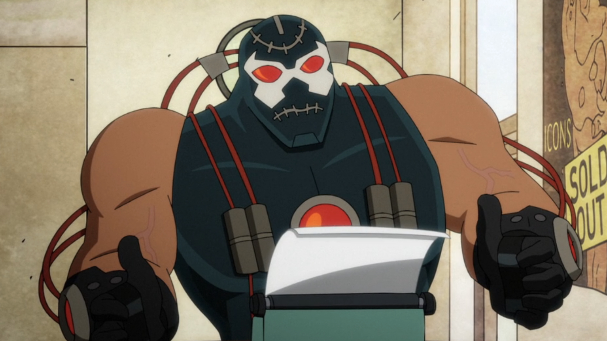Bane working at a typewriter in Harley Quinn Season 5