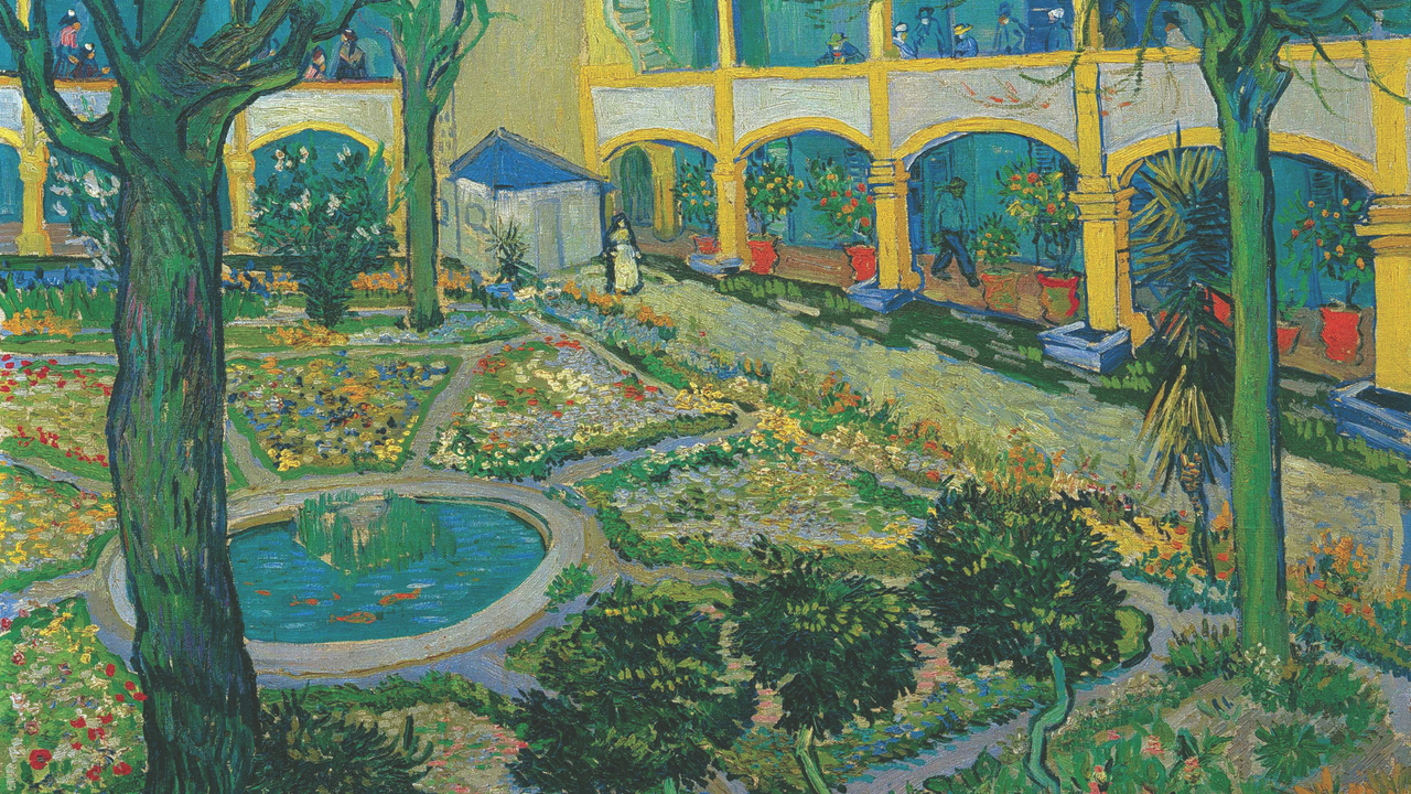 Van Gogh&#039;s painting of The Courtyard of the Hospital in Arles in shades of blue, green and yellow