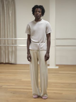 Extreme Cashmere model in cashmere top and trousers