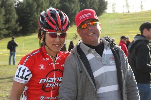 2nd place Linda Sone (Planet Bike) with Rick Meloff (race announcer)