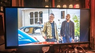(L to R) Johnny Knoxville and Keegan-Michael Key in Hulu's Reboot on a monitor, playing off the Chromecast with Google TV HD