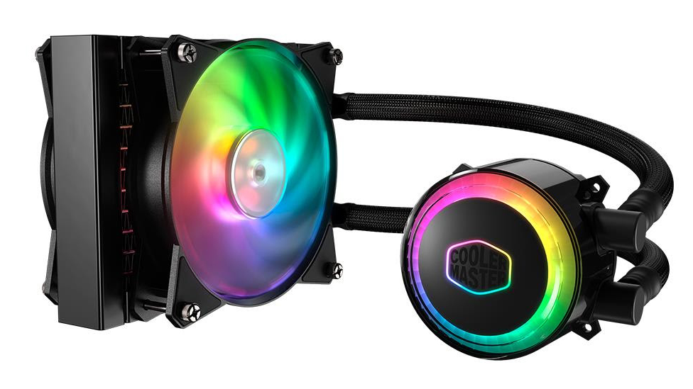 Cooler Master MasterLiquid ML120R RGB with its RGB lighting on at an angle on a white background