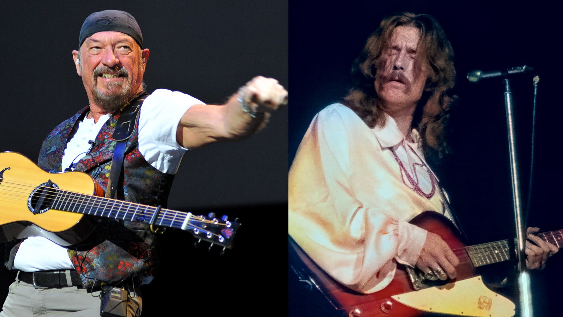 LEFT: Ian Anderson onstage during his "Thick As A Brick" Tour at Royal Albert Hall on June 30, 2013 in London, England. RIGHT: Eric Clapton with Cream  at The Forum in Inglewood in 1968 