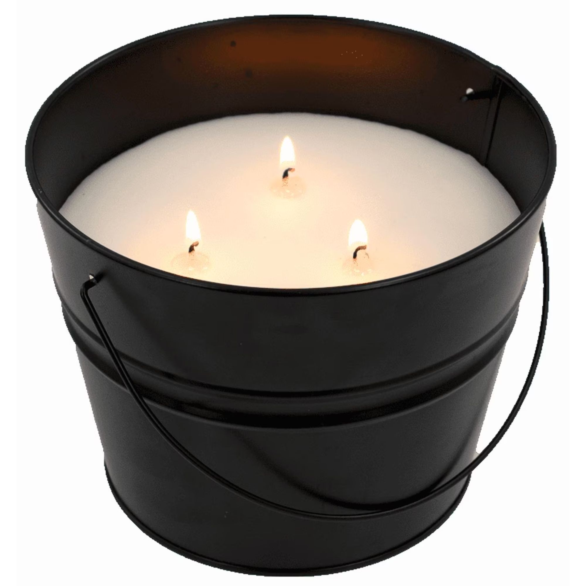 A lit citronella candle in a black bucket with three wicks