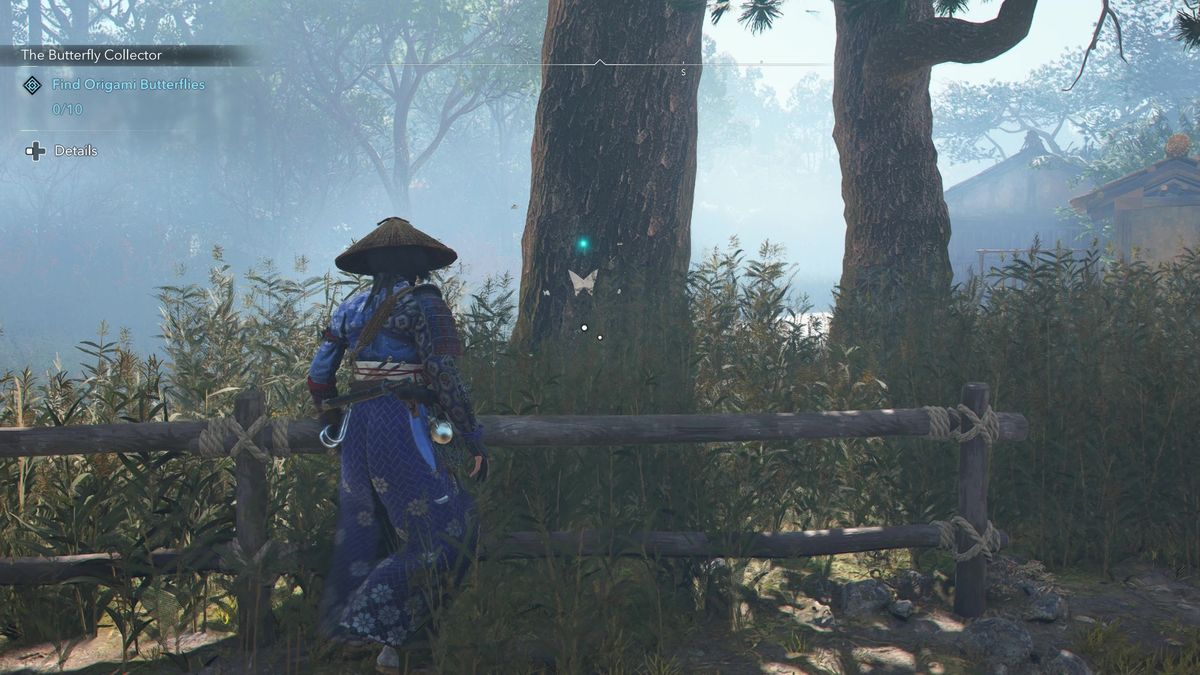 Assassin's Creed Shadows Butterfly Collector locations - The first butterfly on a tree behind a fence, hidden by reeds.