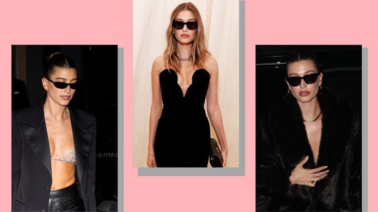 Hailey Bieber wearing sunglasses at the Paris Fashion Week and the 2021 Met Gala and the 2022 Met Gala after party