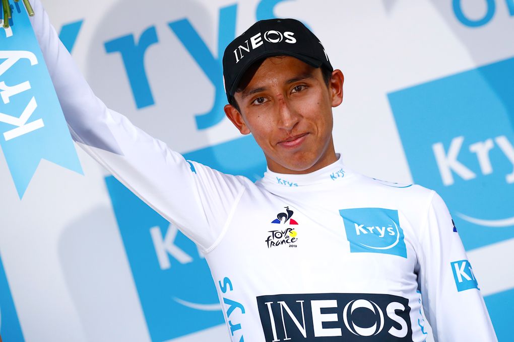 Egan Bernal in the white jersey after stage 10 at Tour de France