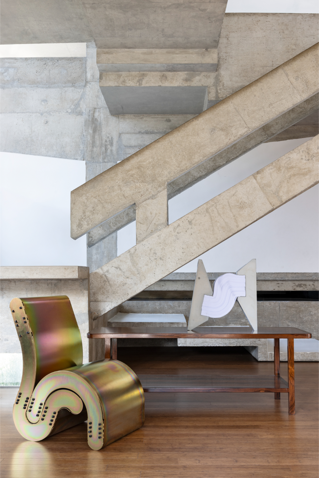 Modernist Brazilian furniture in brutalist house interior