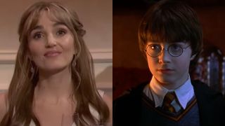 Side by side of Chloe Fineman in the Domingo SNL skit and Daniel Radcliffe in Harry Potter 1.
