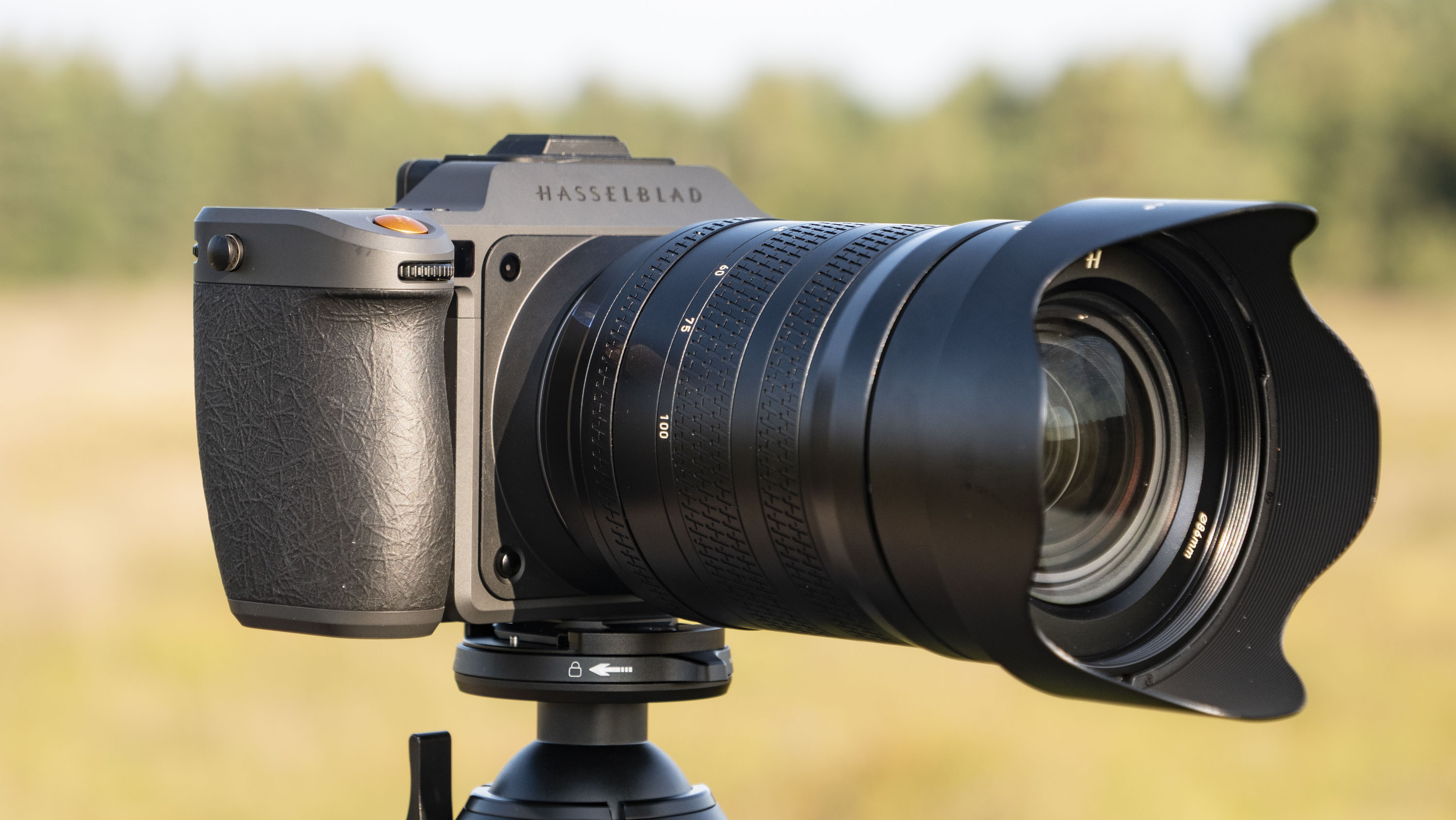 Hasselblad X2D II 100C camera outdoors at first light, with 35-100mm lens attached