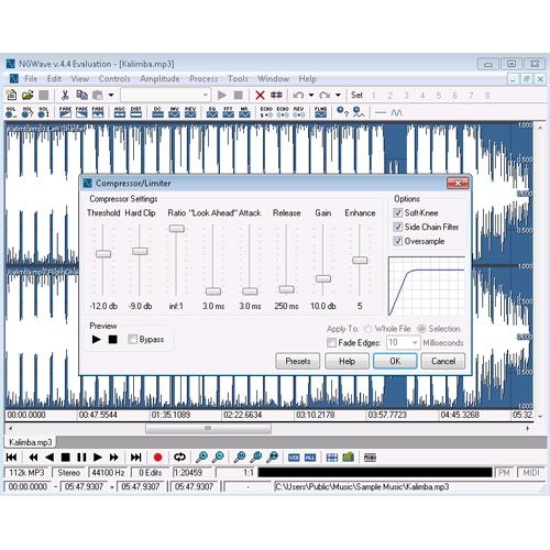 Screenshot image shows NGWave Audio Editor and its compressor tool.
