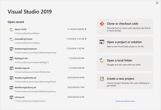 Visual Studio 2019 Start Window
