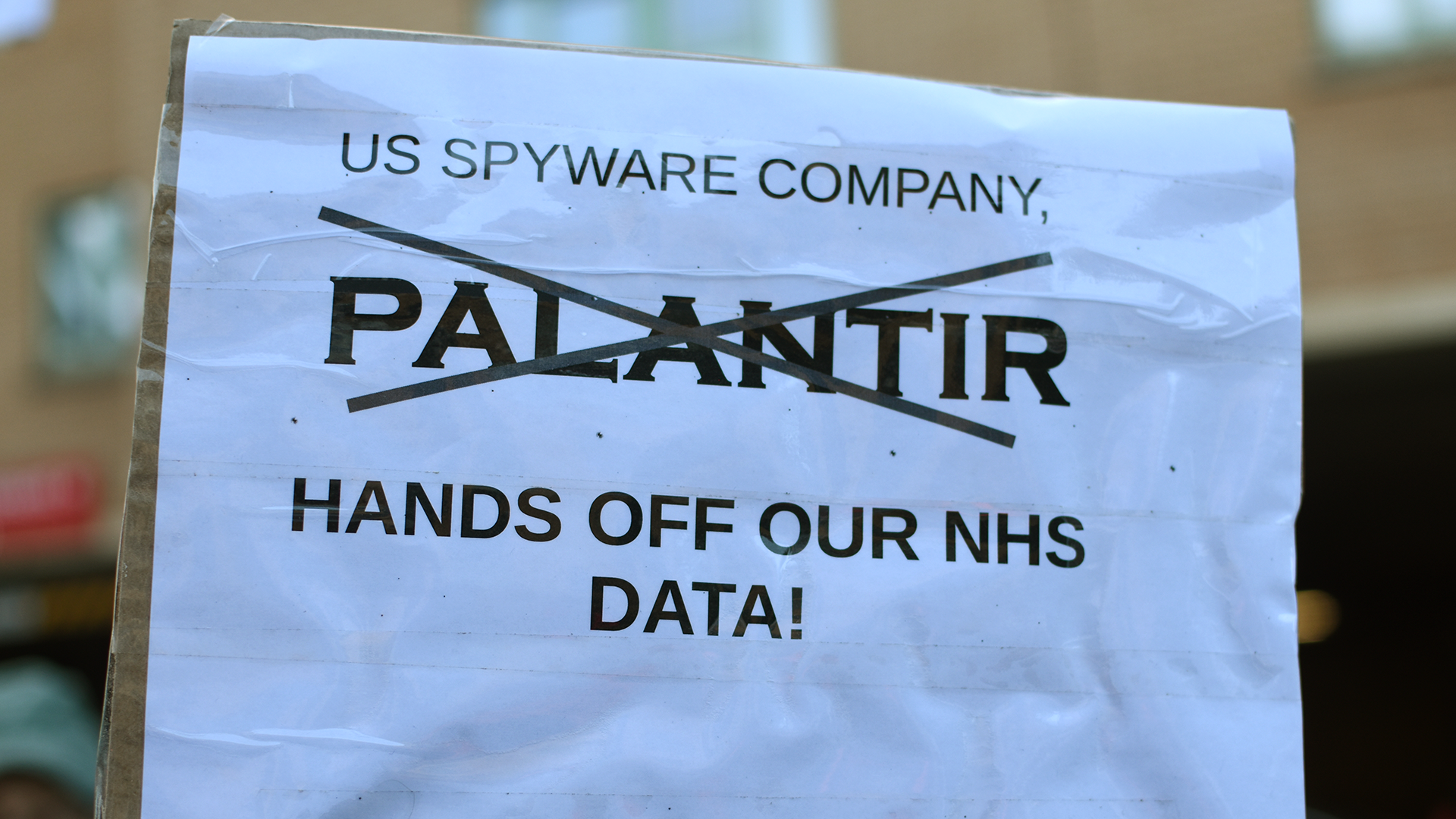 Placard during a protests against Palantir i the NHS in Bristol on October 1, 2026