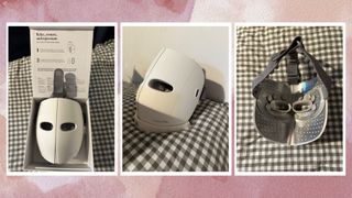 Three angles of the TheraFace LED Skincare Mask - in the box, in the stand and from the inside