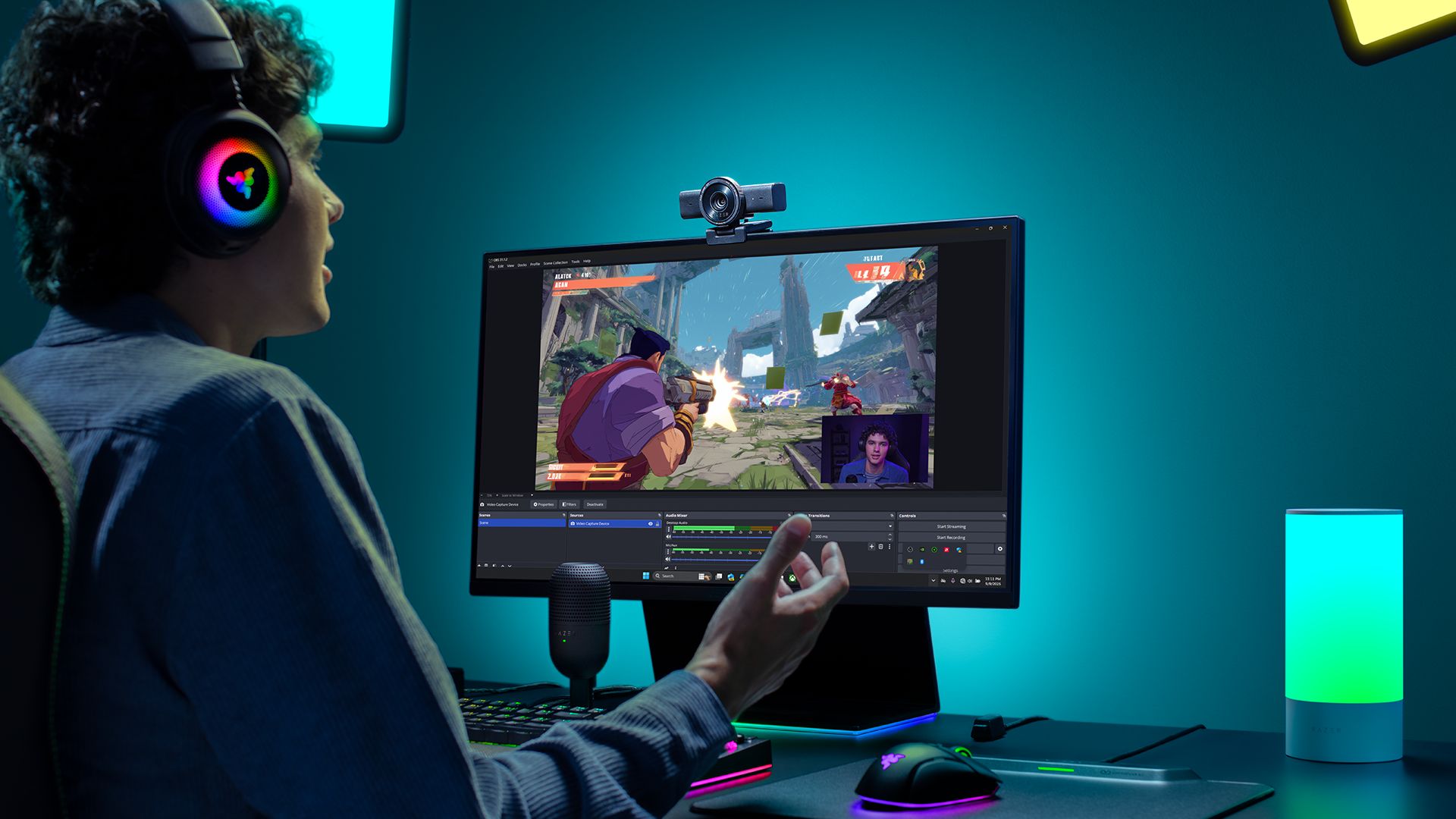 The Razer Kiyo V2 X in a streaming setup where a creator presents to camera