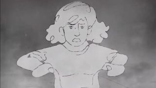 An animated Ruth Weber running away from Russian bombs on her bike.