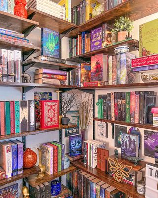A colorful bookshelf with decorations
