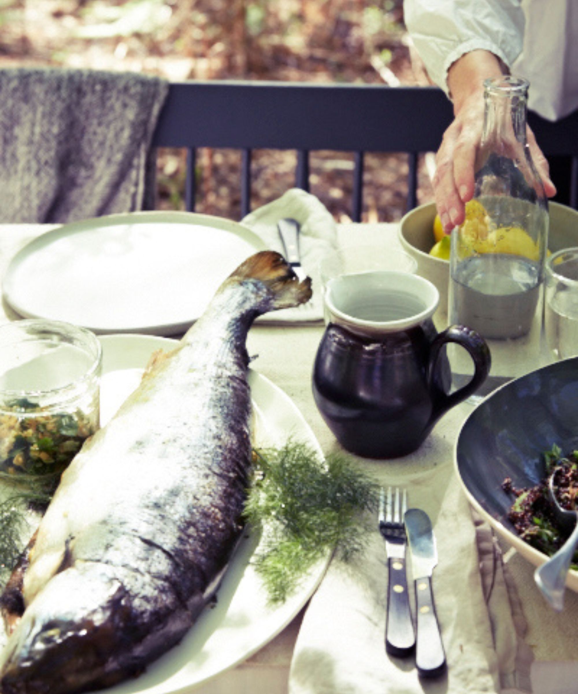 Cooked salmon on a table outdoors