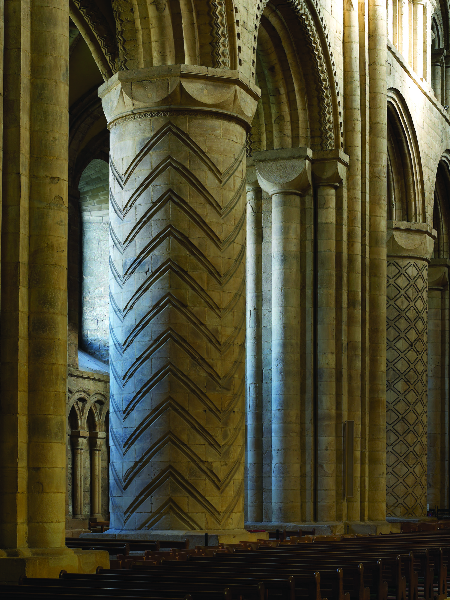 Carved columns in the nave at Durham Cathedral