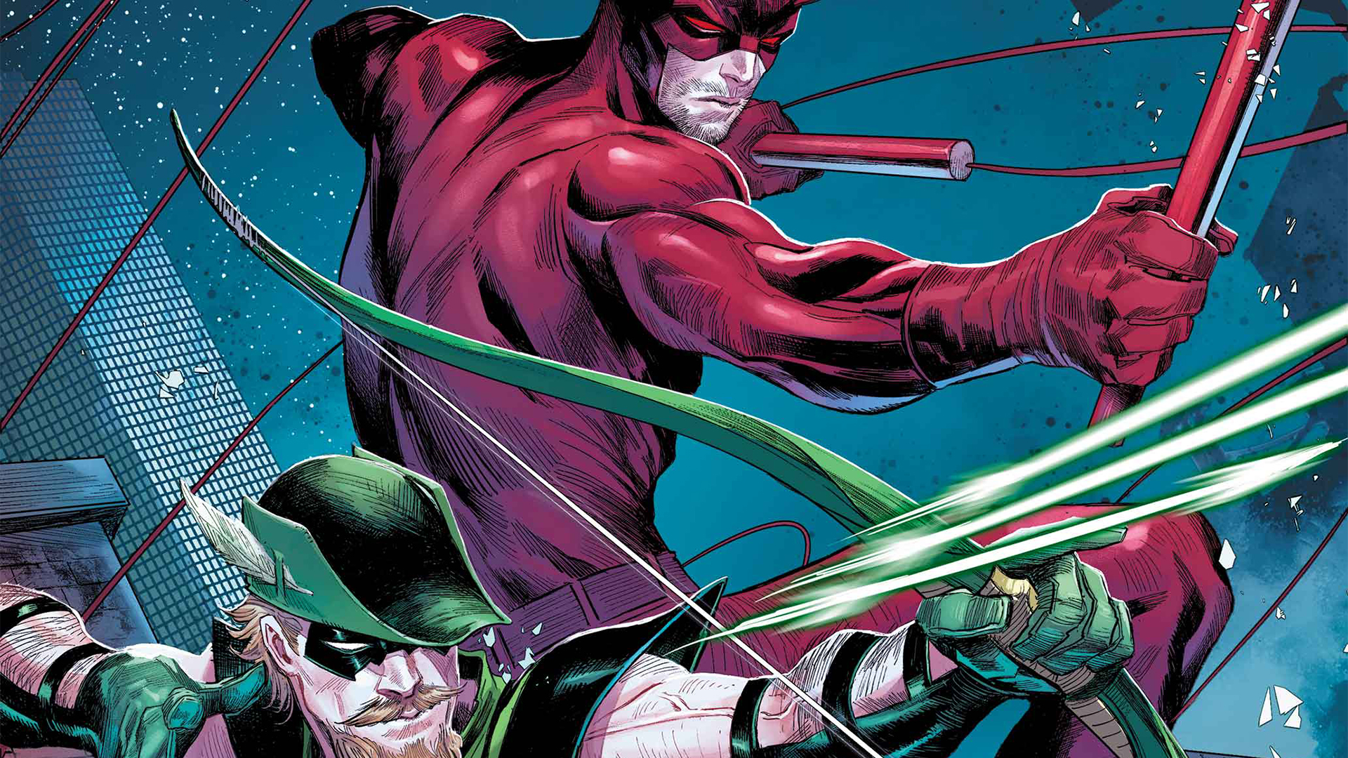 Marvel/DC: Deadpool/Batman #1 cover featuring Green Arrow and Daredevil