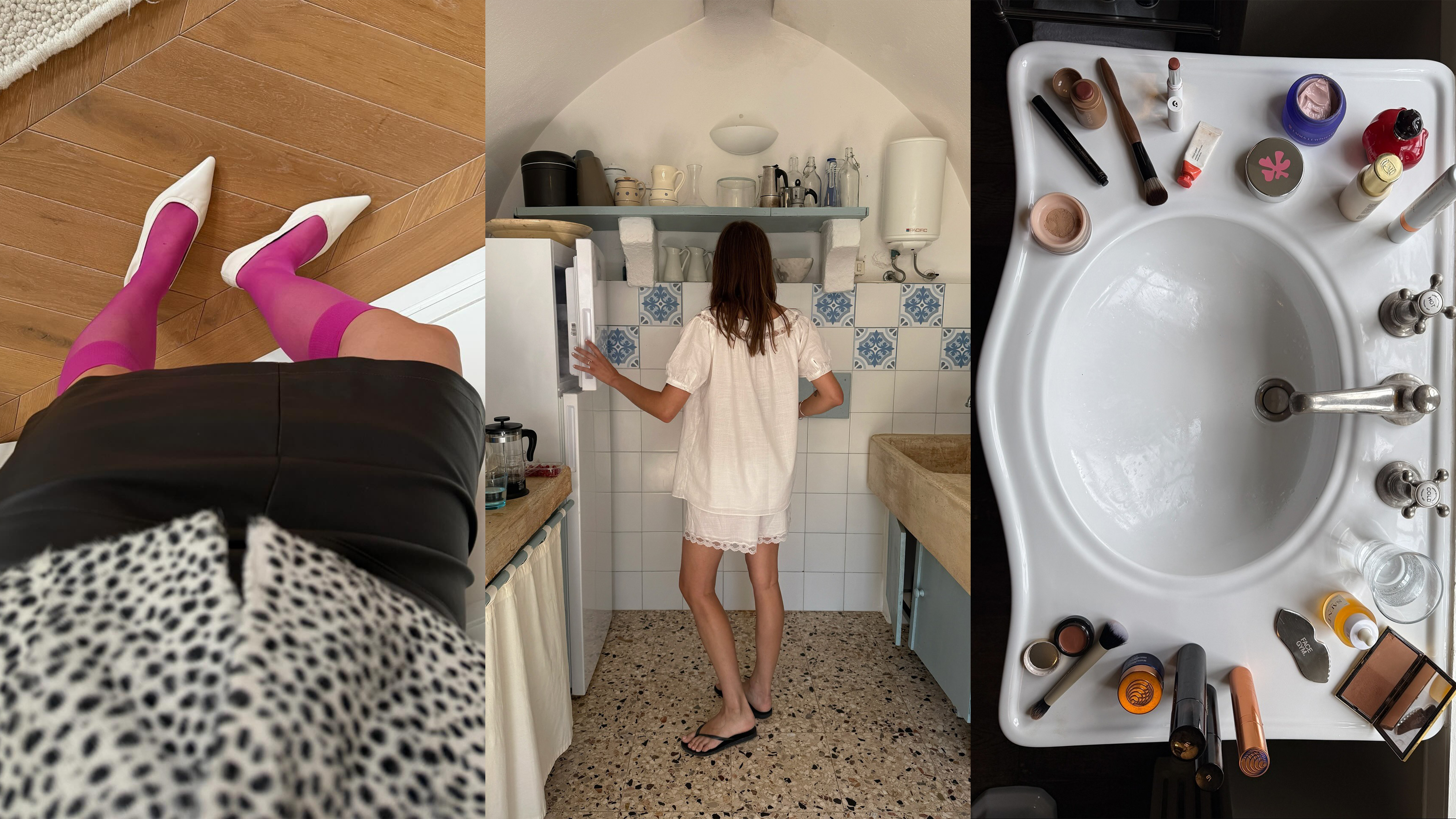 @johannalager wearing pink Swedish Stockings, dalmatian print coat, and pointed-toe pumps; @poppyalmond wearing lace-trim shorts in a kitchen; @monikh's bathroom sink with beauty products