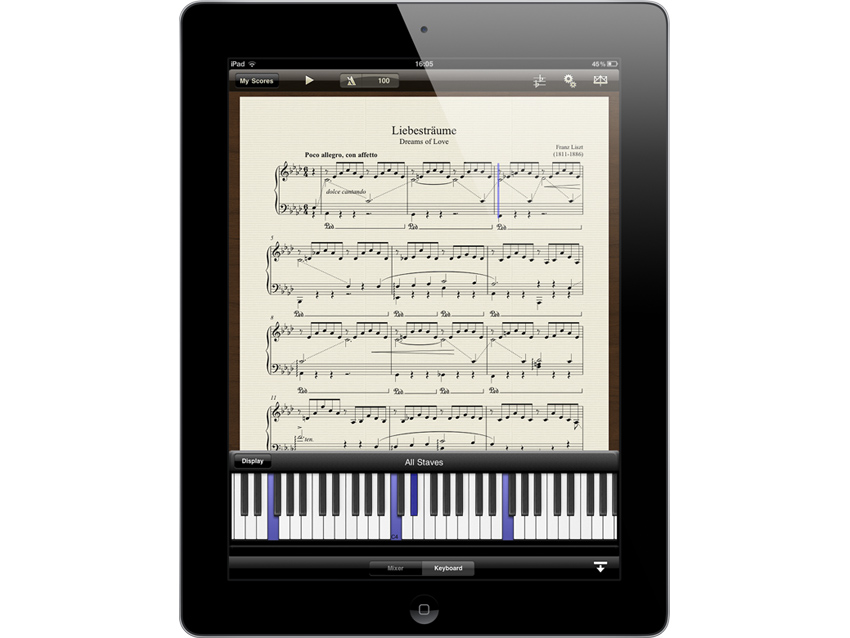 A virtual keyboard shows you which notes are currently being played.