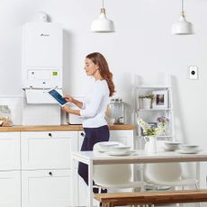 kitchen room with white boiler on white walls