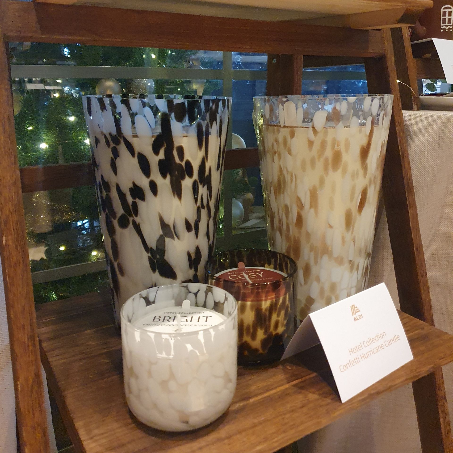 Aldi's confetti glass scented candles displayed at the retailer's Christmas press preview for 2026
