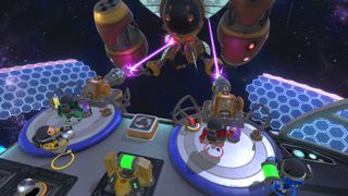 Sol Mates - A space party game that looks a lot like Overcooked. Players here are using laser to fight a giant robot enemy