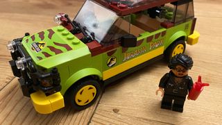 LEGO T. rex Breakout Ford Explorer closeup, with Dr. Ian Malcolm