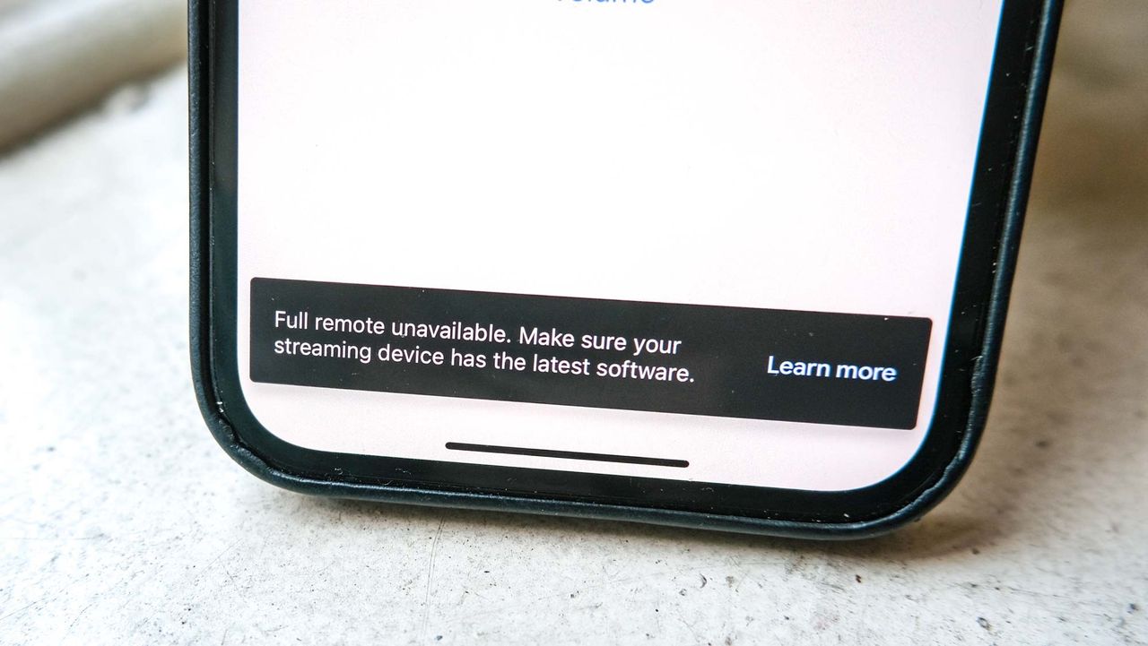 A close-up of the "Full remote unavailable" error message appears in the Google Home app connected to the onn 4K Google TV streaming box