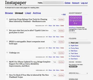 Instapaper on the web sticks to the standard format of just listing articles on a page. You can click into them to view the full blown desktop version or view a text version as well. It gets the job done but it's nothing too exciting.