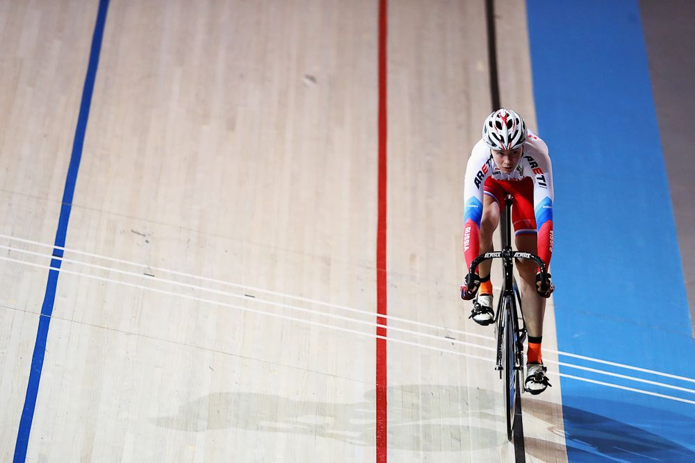 Natalya Antonova of Russia competes in the Women's 500m Time Trial Final