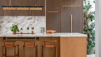 Modern kitchen with marble backsplash, surface and wood cabinets
